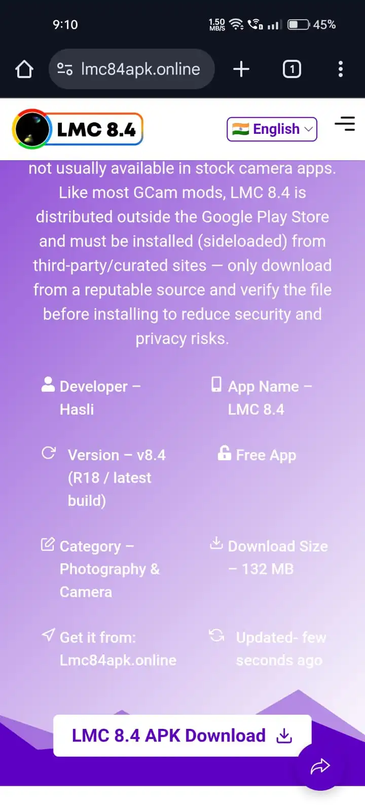 Step 1: Find the LMC 8.4 APK Download Button Screenshot of the lmc84apk.online website showing the LMC 8.4 app details like developer and version, and the purple "LMC 8.4 APK Download" button.