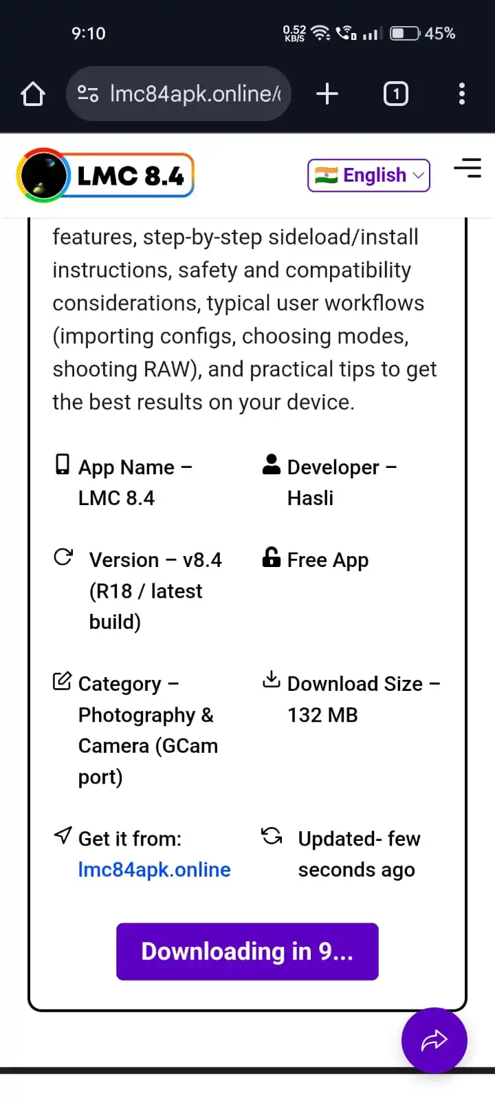 Step 2: Start the Secure LMC 8.4 Download Screenshot showing the download page on lmc84apk.online with a security countdown timer that reads "Downloading in 9..." before the LMC 8.4 APK file begins downloading.