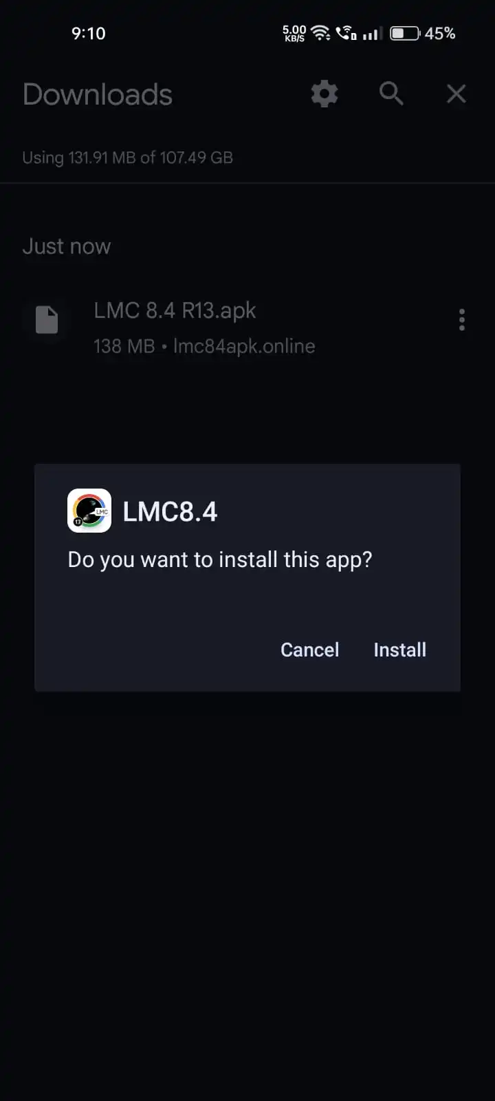 Step 3: Confirm the LMC 8.4 App Installation Screenshot of an Android system security prompt asking for user confirmation with the question "Do you want to install this app?" for the LMC 8.4 APK.