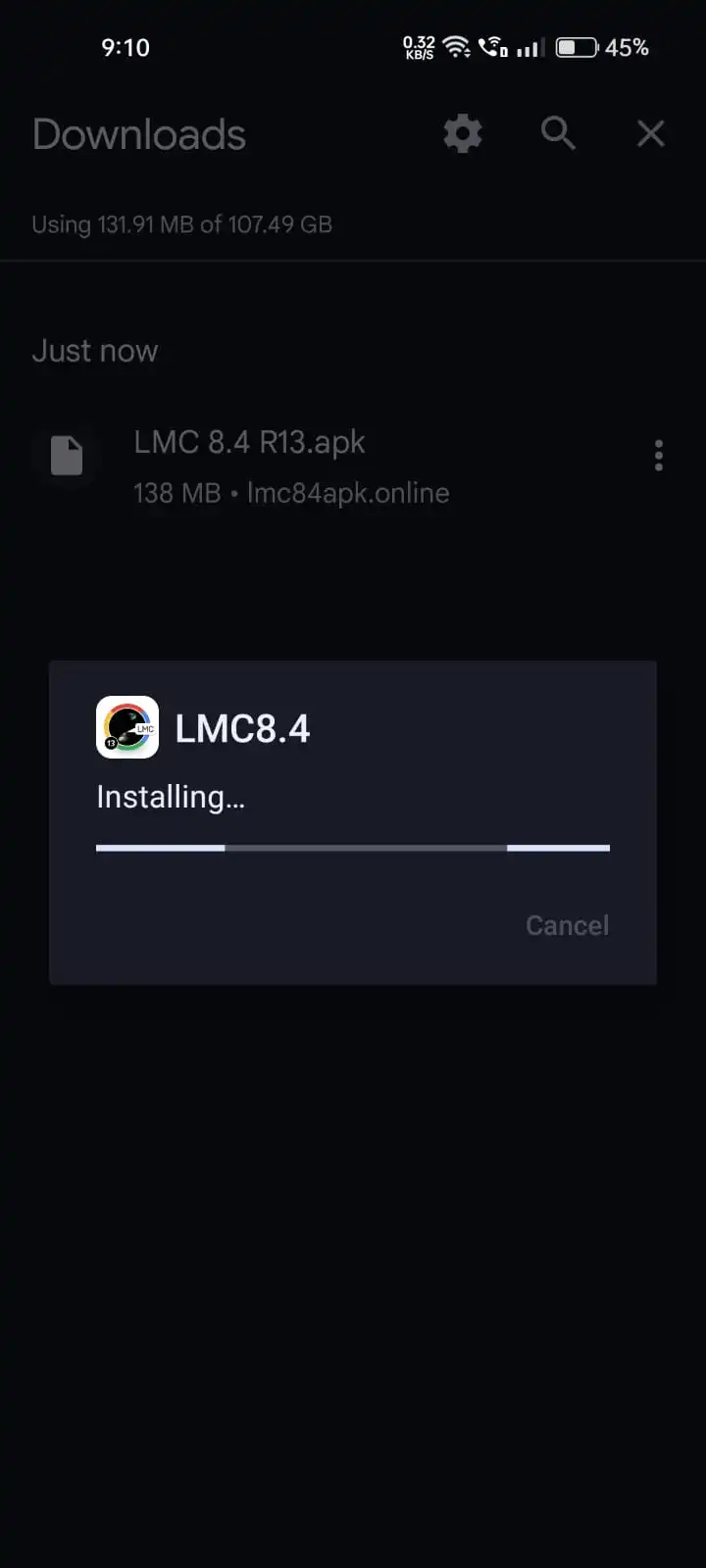 Step 4: LMC 8.4 Installation in Progress Screenshot of an Android phone's download manager showing the LMC 8.4 APK file and the system installation pop-up with a progress bar indicating the app is "Installing..."