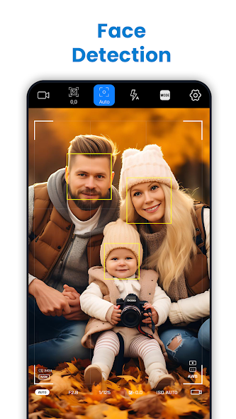 LMC 8.4 Smart Face Detection A smartphone screen showing the LMC 8.4 camera app's "Face Detection" feature actively outlining faces of a happy family, including parents and a baby, for perfect focus.