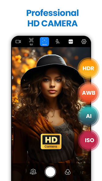LMC 8.4 Professional HD Camera Mode A smartphone screen displaying the LMC 8.4 camera app's "Professional HD Camera" mode, highlighting advanced settings like HDR, AWB, AI, and ISO on the side.